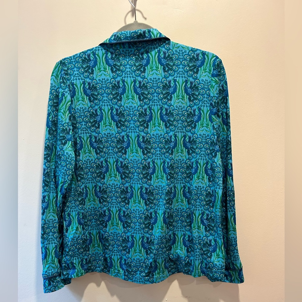 Vibrant Teal and Navy Women's peacock design Pajama Set - Picture 8 of 11